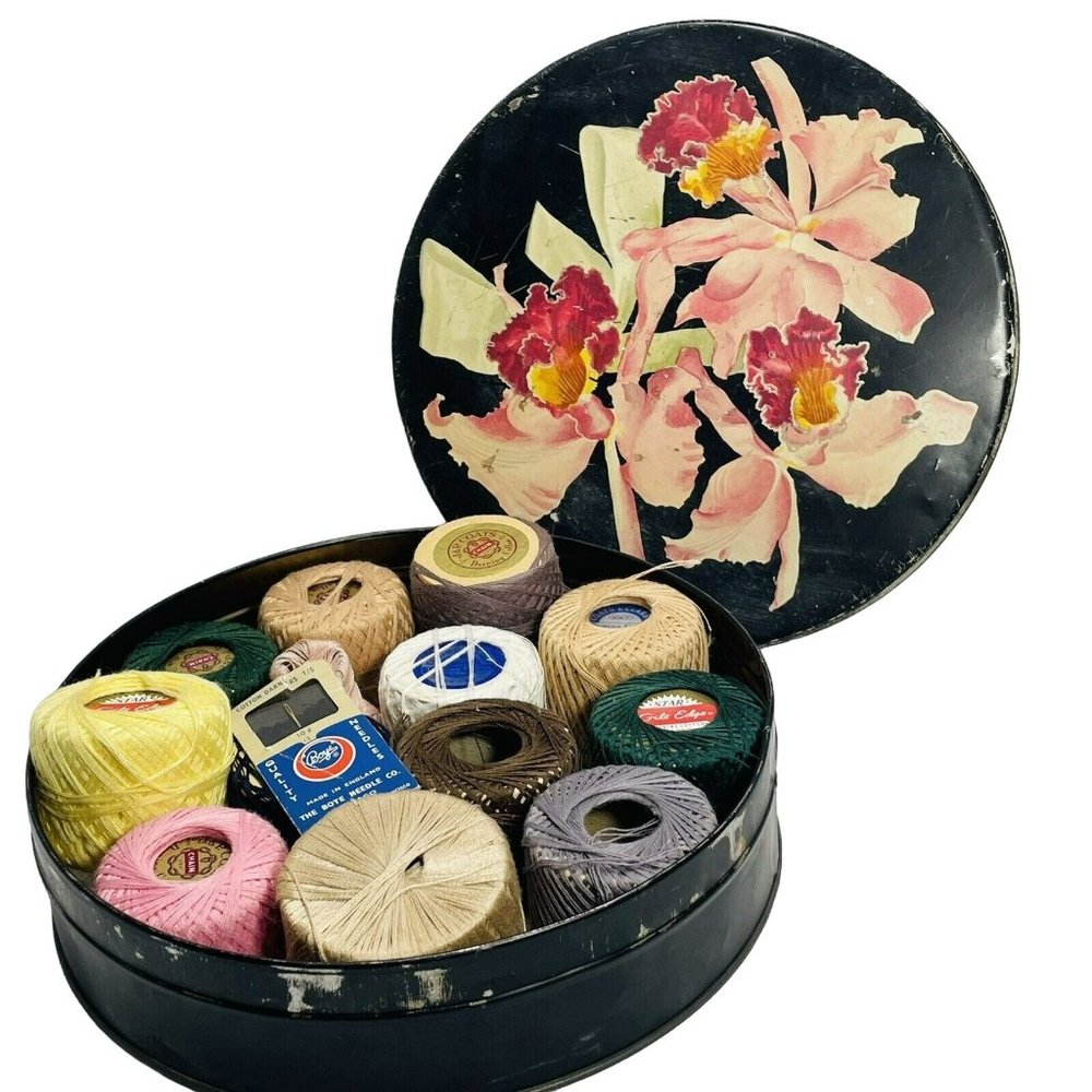 Vintage CANCO Helen Harrison Chicago Black Tin Irises Darling Cotton Leftovers